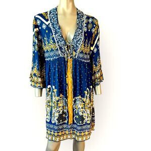 Millenium New Top Blouse Tunic Dress Womens L Bohemian Paisley Navy Gold Peasant